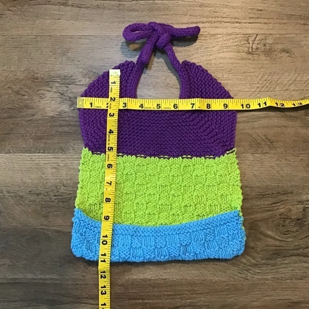 VINTAGE Handmade Knitted Baby Bib Purple Green Blue 80’s 90’s